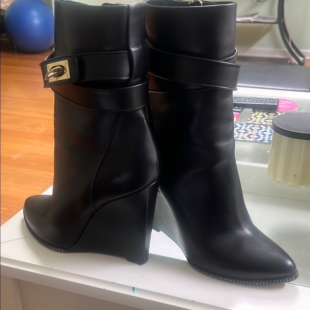 Givenchy Black Leather Wedge Ankle Boots with Buckle Accent